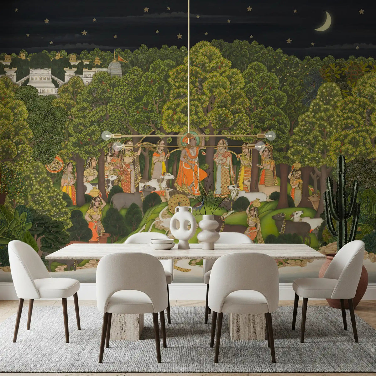 Krishna's Enchanted Forest Night Wall Mural behind a white dining set in a bright room, GD8951