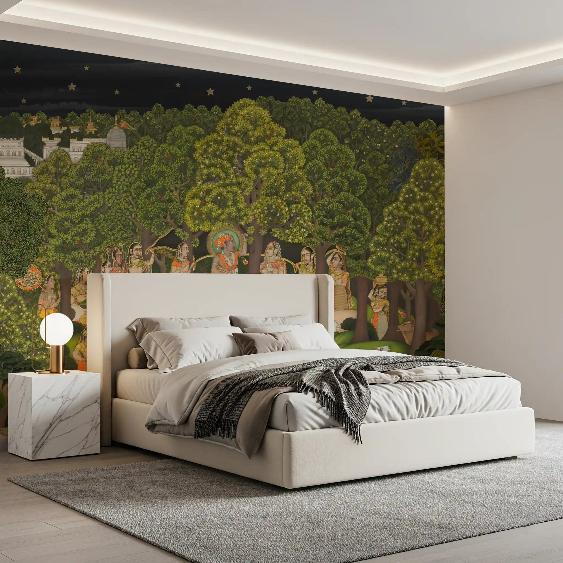 Soft modern bedroom with Krishna's Enchanted Forest Night Wall Mural behind the bed, GD8951
