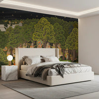 Soft modern bedroom with Krishna's Enchanted Forest Night Wall Mural behind the bed, GD8951