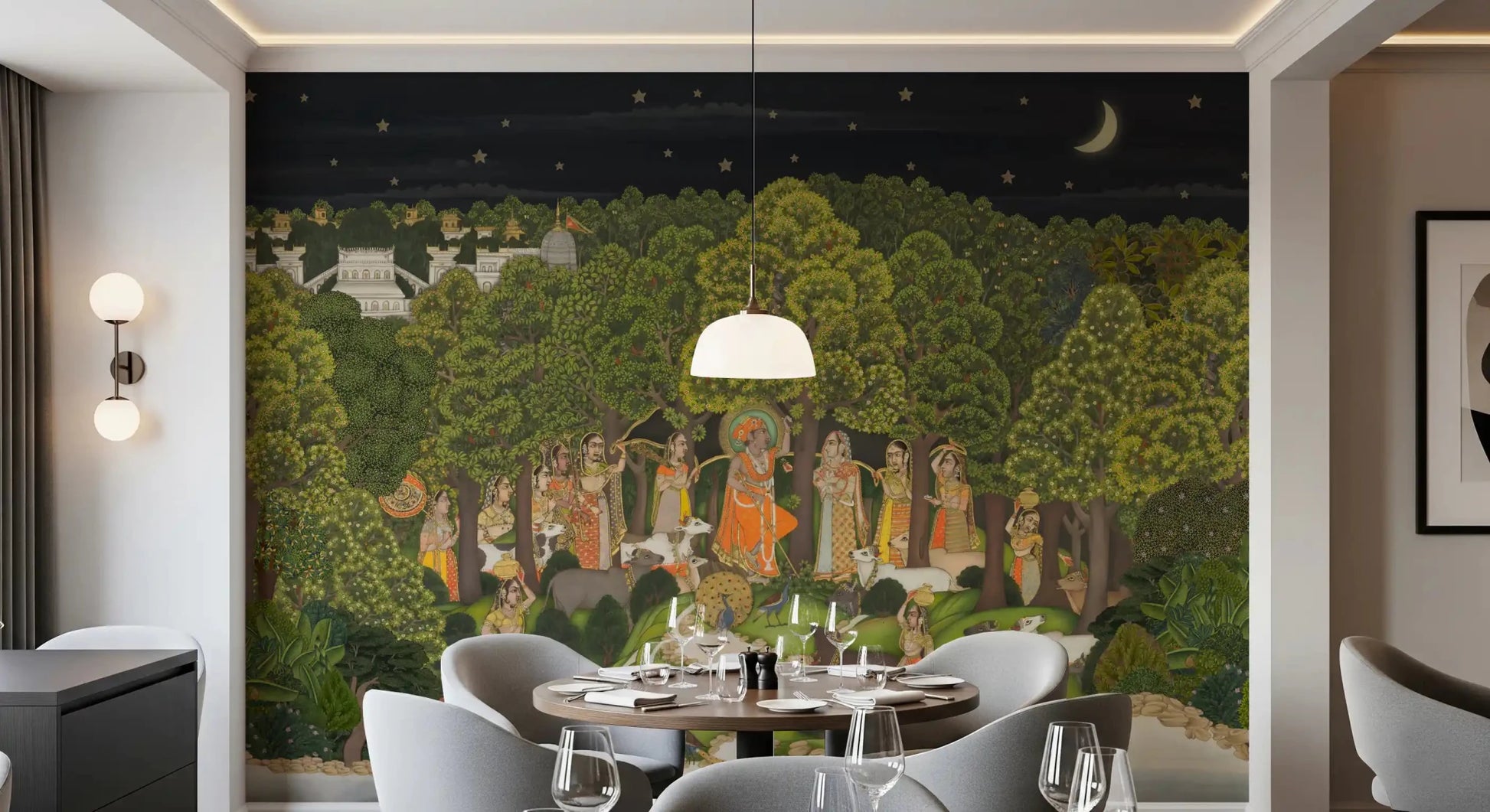 Moody Dining area featuring Krishna's Enchanted Forest Night Wall Mural backdrop, GD8951