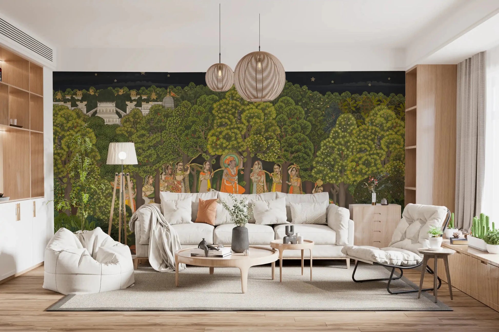 Elegant Living space wrapped in Krishna's Enchanted Forest Night Wall Mural, GD8951