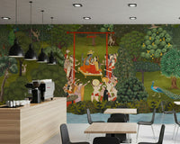 Krishna's Garden Swing wallpaper with vibrant floral garden details.