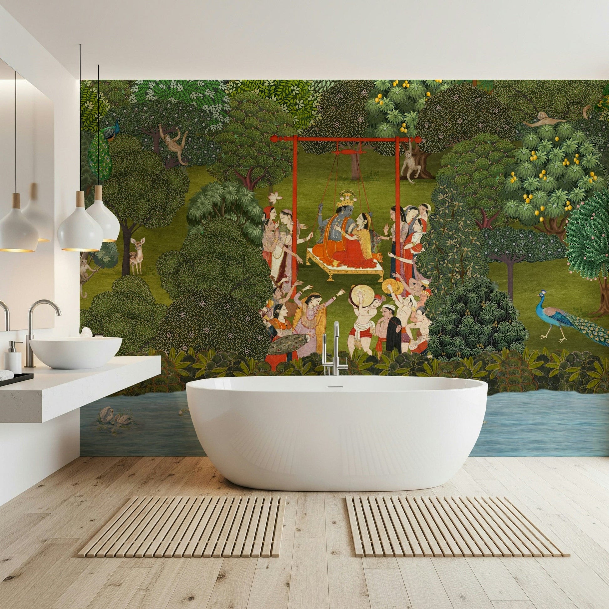 Religious iconography in a Krishna's Garden Swing wall mural for homes.