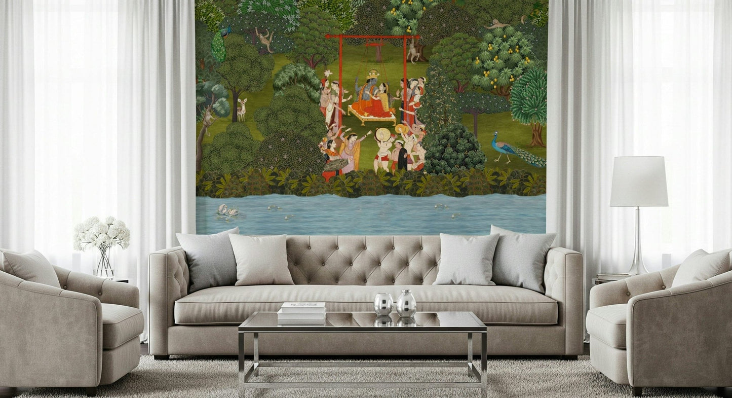 Detailed traditional art on Krishna's Garden Swing wallpaper for halls.