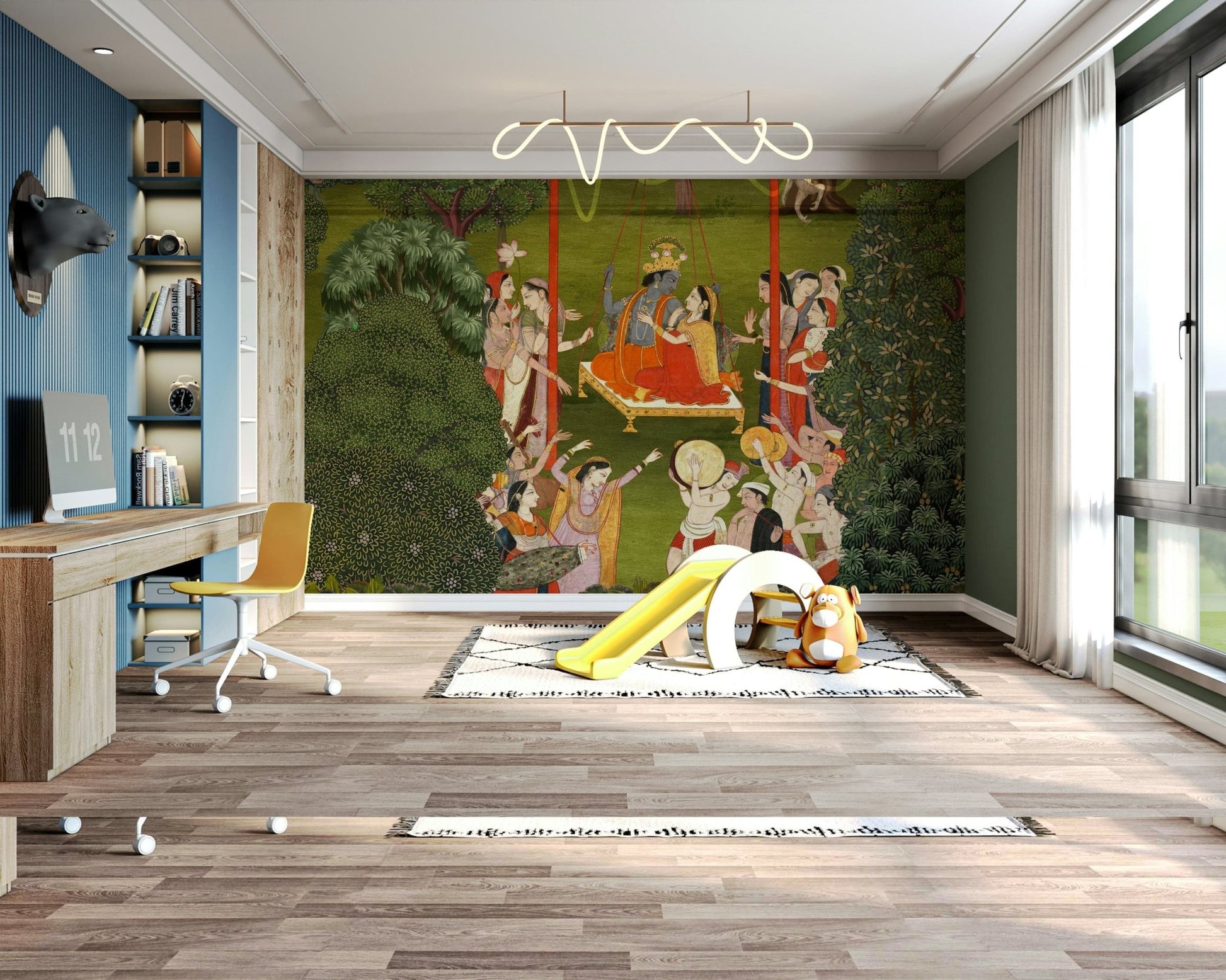 Krishna's Garden Swing wall mural featuring soft nature-inspired tones.