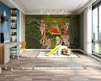 Krishna's Garden Swing wall mural featuring soft nature-inspired tones.