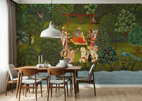 Krishna's Garden Swing wallpaper showing a divine garden scene.