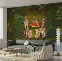Krishna's Garden Swing wall mural for a cultural theme feature wall.