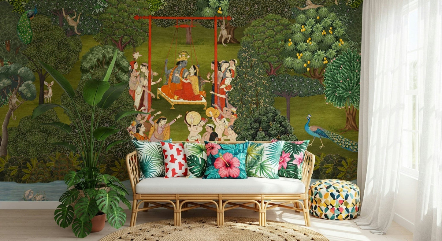 Krishna's Garden Swing wallpaper for a peaceful bedroom backdrop.