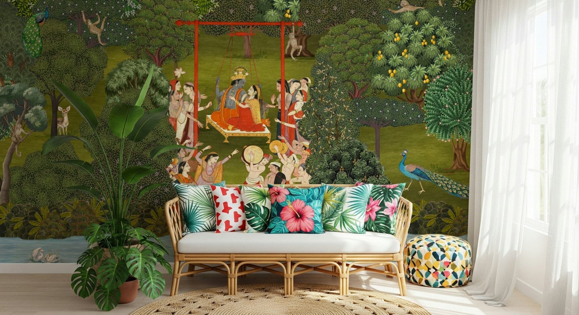 Krishna's Garden Swing wallpaper for a peaceful bedroom backdrop.