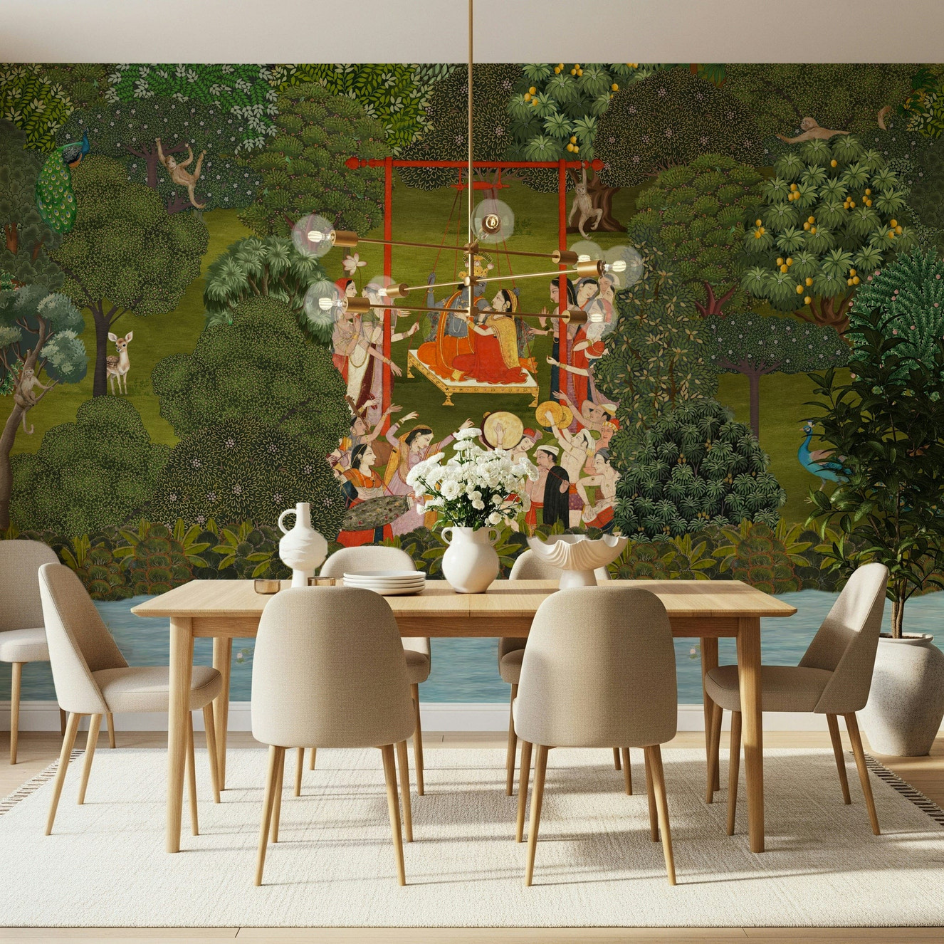 Spiritual art in a Krishna's Garden Swing wall mural for prayer rooms.