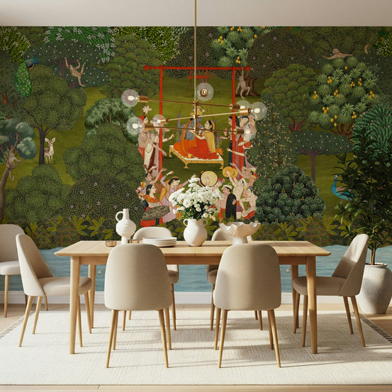 Spiritual art in a Krishna's Garden Swing wall mural for prayer rooms., GD7583