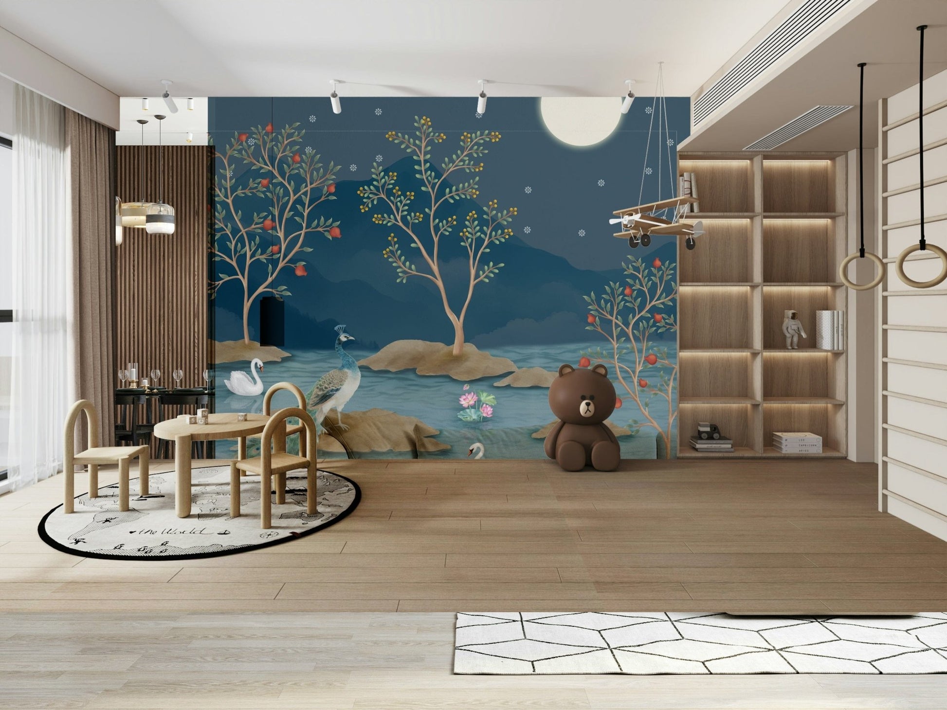Elegant spiritual art in a Krishna's Lunar Serenity wall mural for studies.