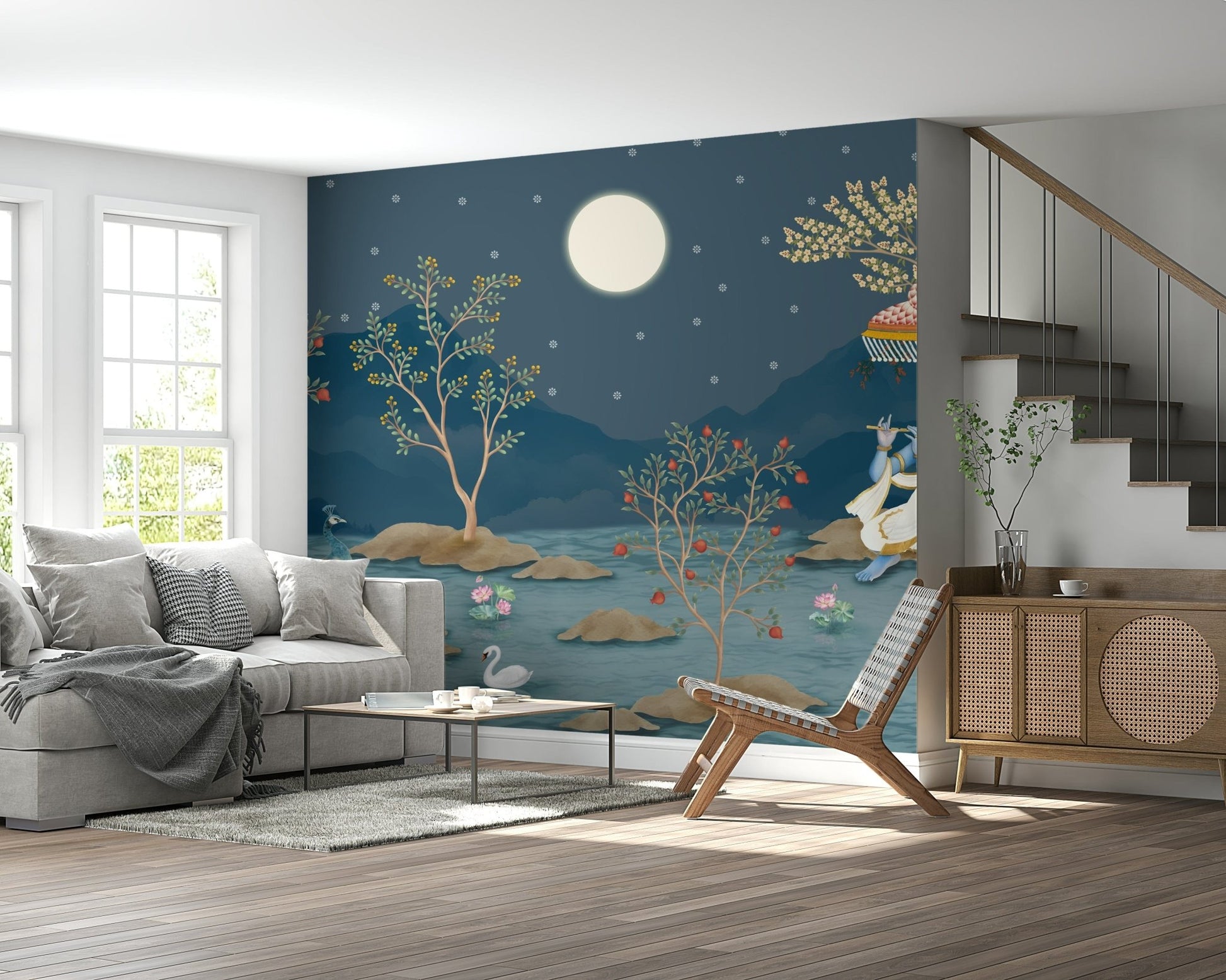 Krishna's Lunar Serenity wallpaper for a relaxing heritage style lounge.