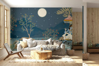 Krishna's Lunar Serenity wallpaper with soft blue tones for a prayer room.