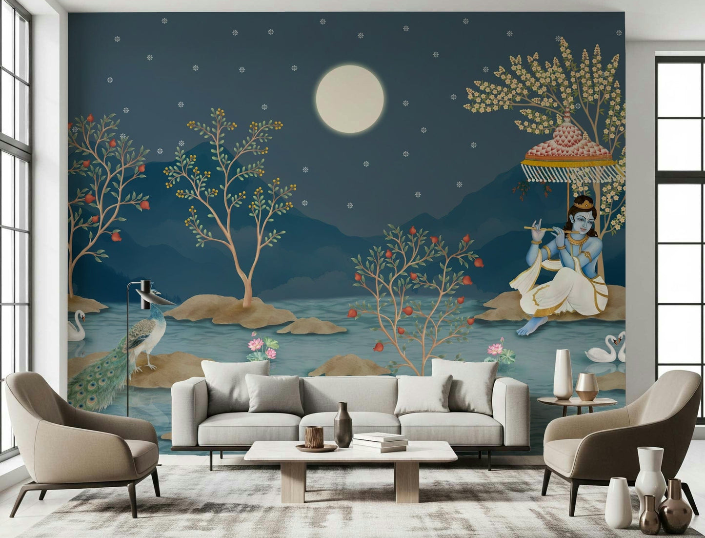 Krishna's Lunar Serenity wall mural for a spiritual living room.