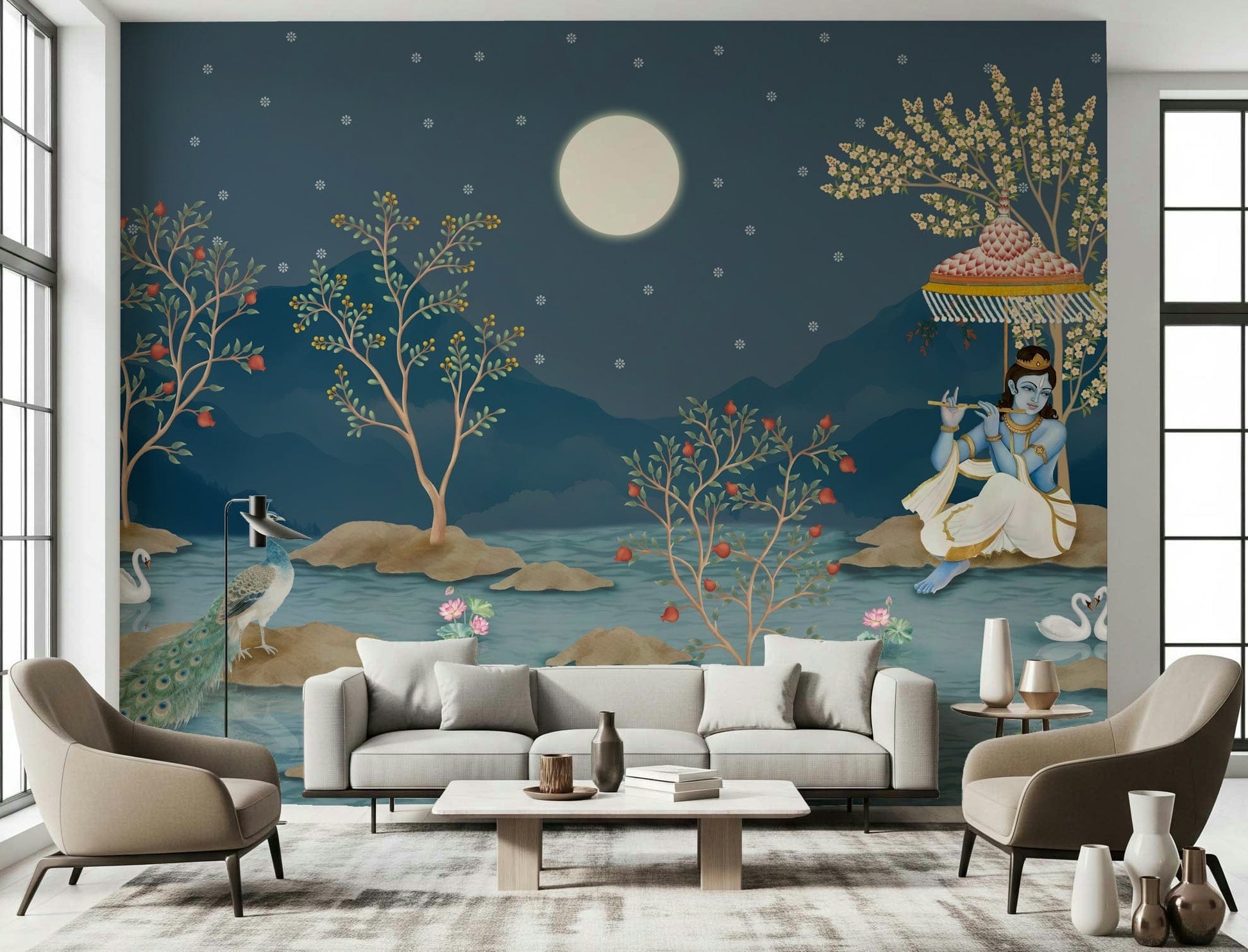 Krishna's Lunar Serenity wall mural for a spiritual living room.