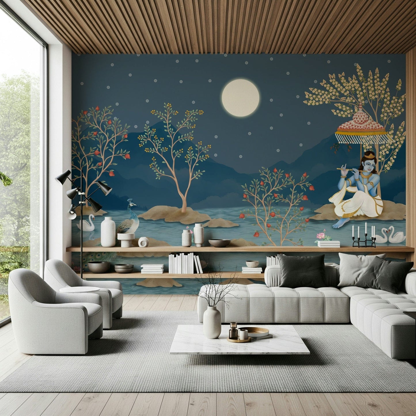 Krishna's Lunar Serenity wallpaper with wide celestial views for dining.