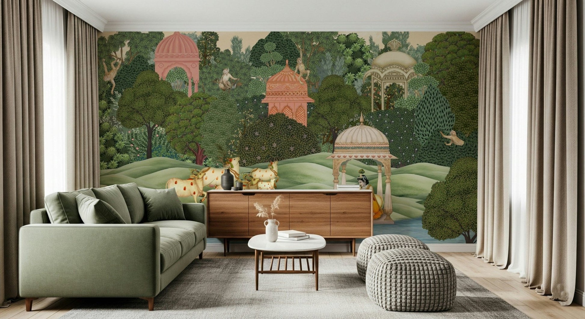 Krishna’s Sanctuary mural installed behind a sofa in living room