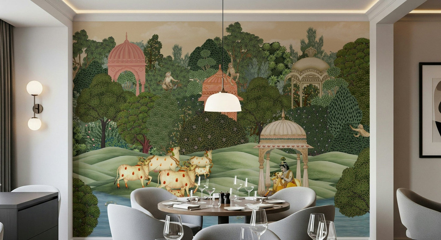 Wall mural featuring Krishna in a peaceful sanctuary setting