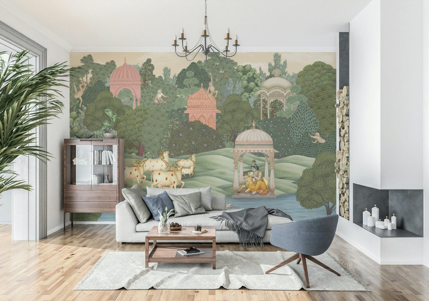 Traditional Krishna sanctuary mural with warm light and greenery