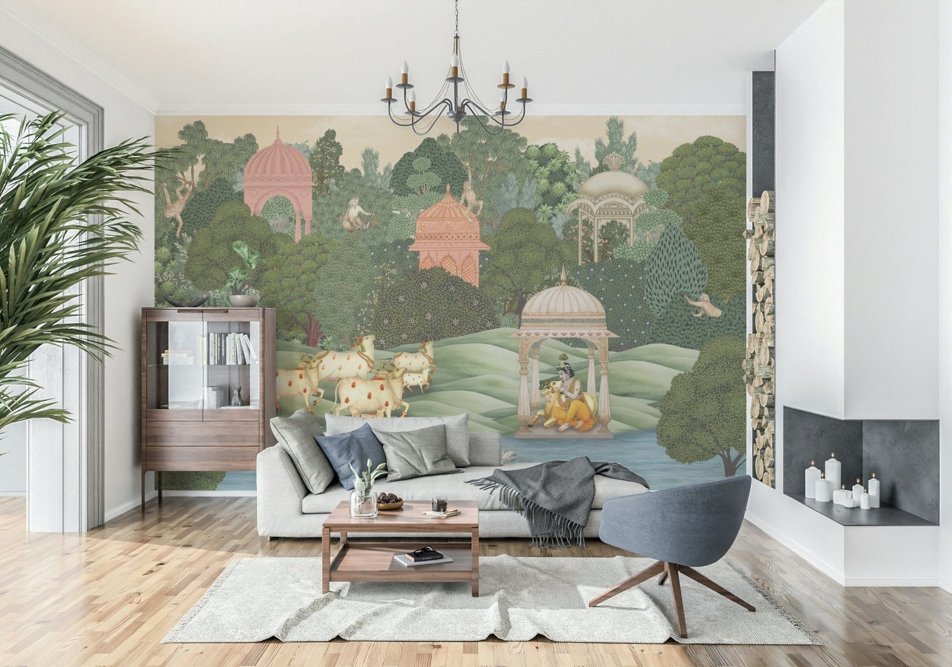 Traditional Krishna sanctuary mural with warm light and greenery