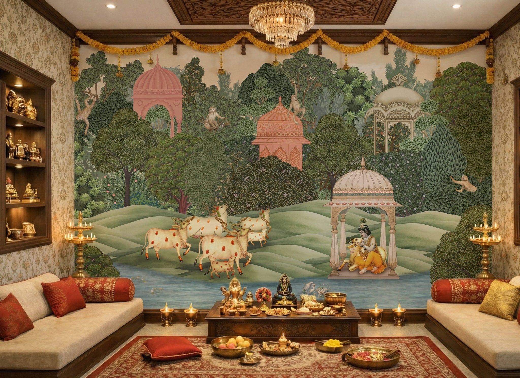 Krishna’s Sanctuary Wall Mural for Pooja Room
