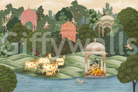 Krishna’s Sanctuary wall mural in hallway with devotional art theme