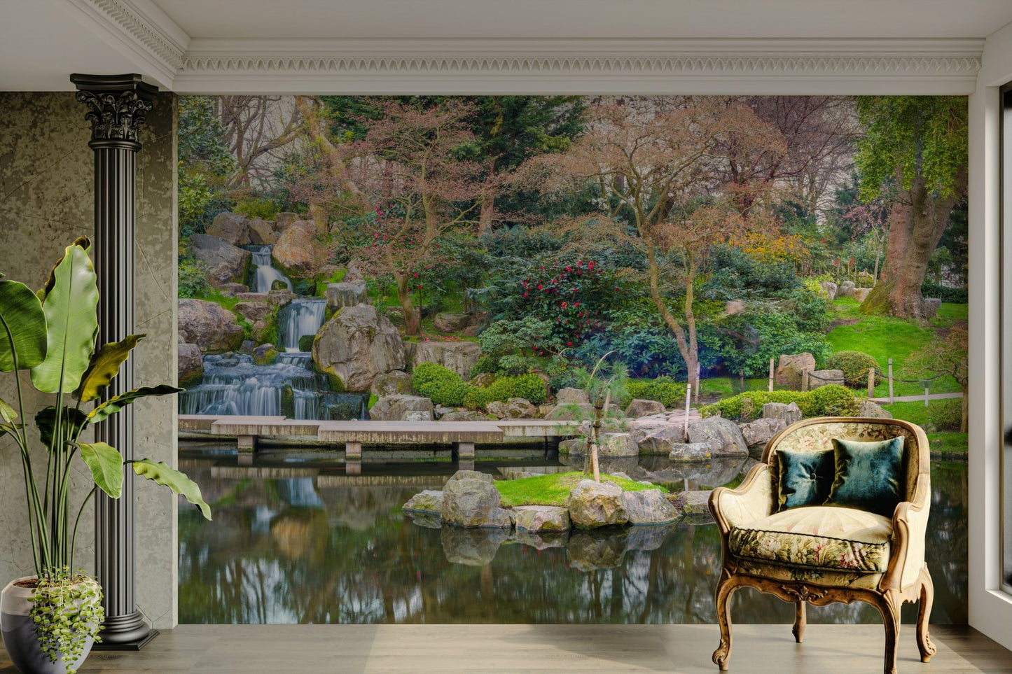 The garden has a stone path and a stone lantern.

