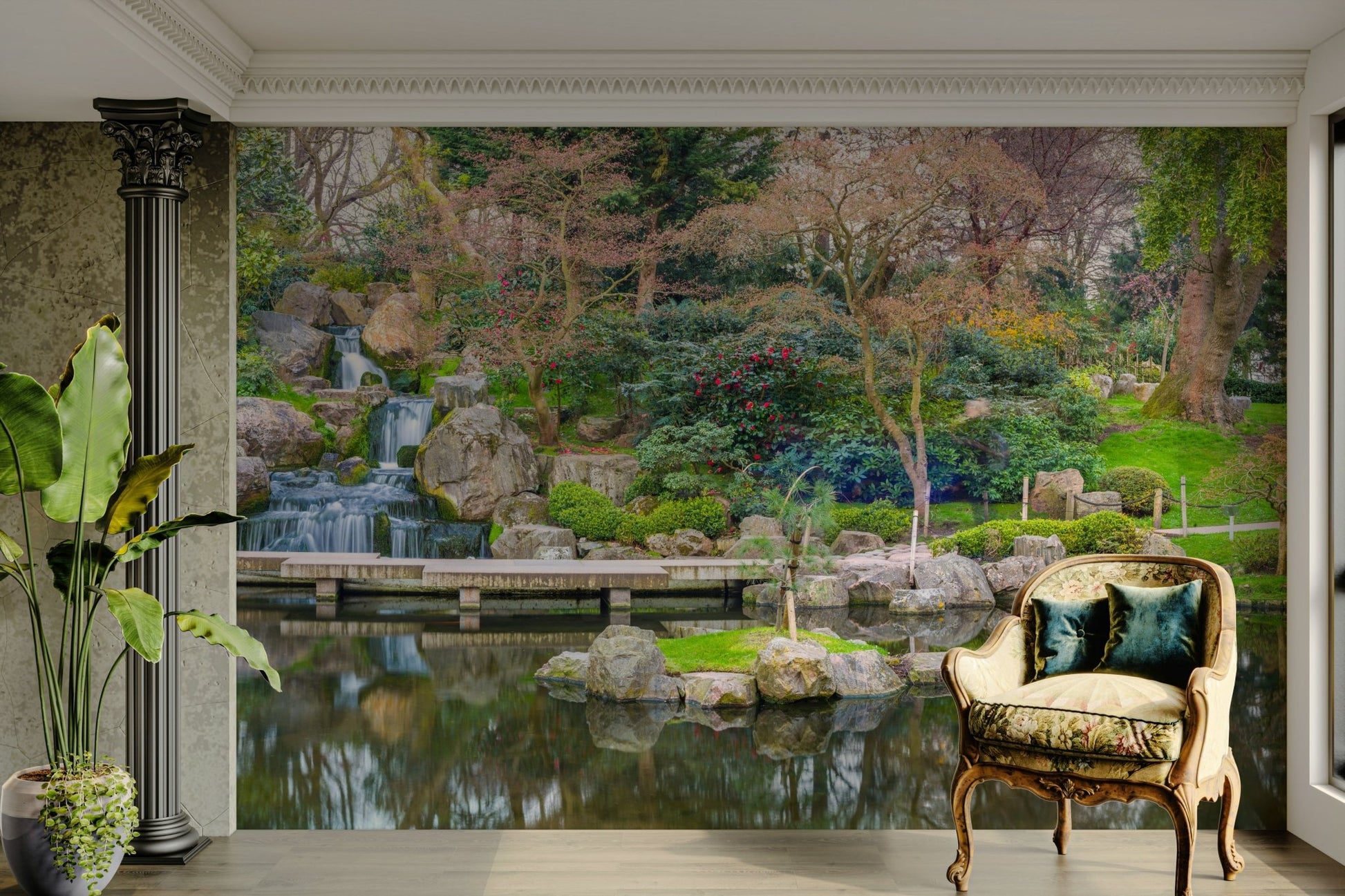 The garden has a stone path and a stone lantern.

