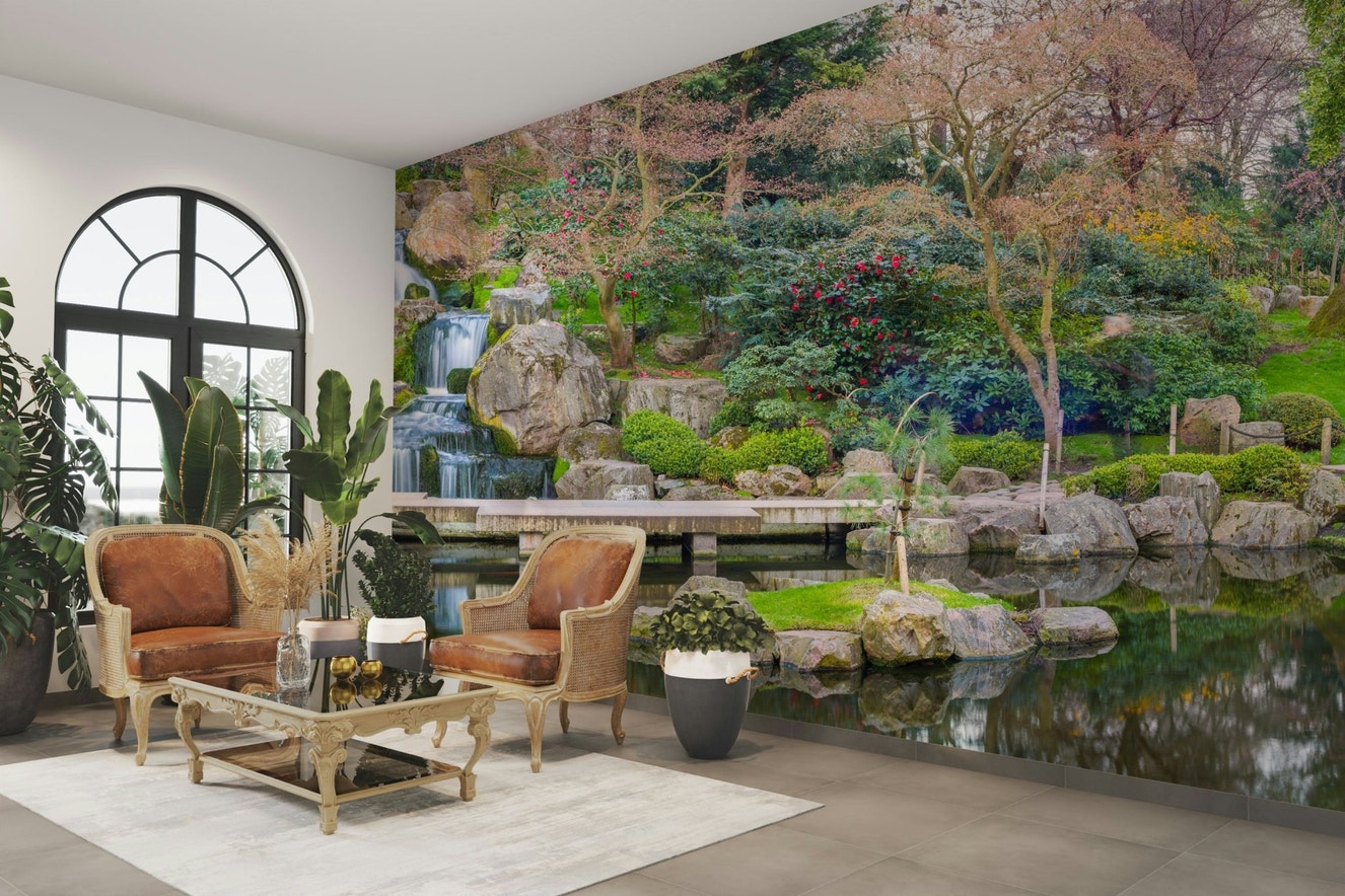 A peaceful panoramic wall mural of a Japanese garden.

