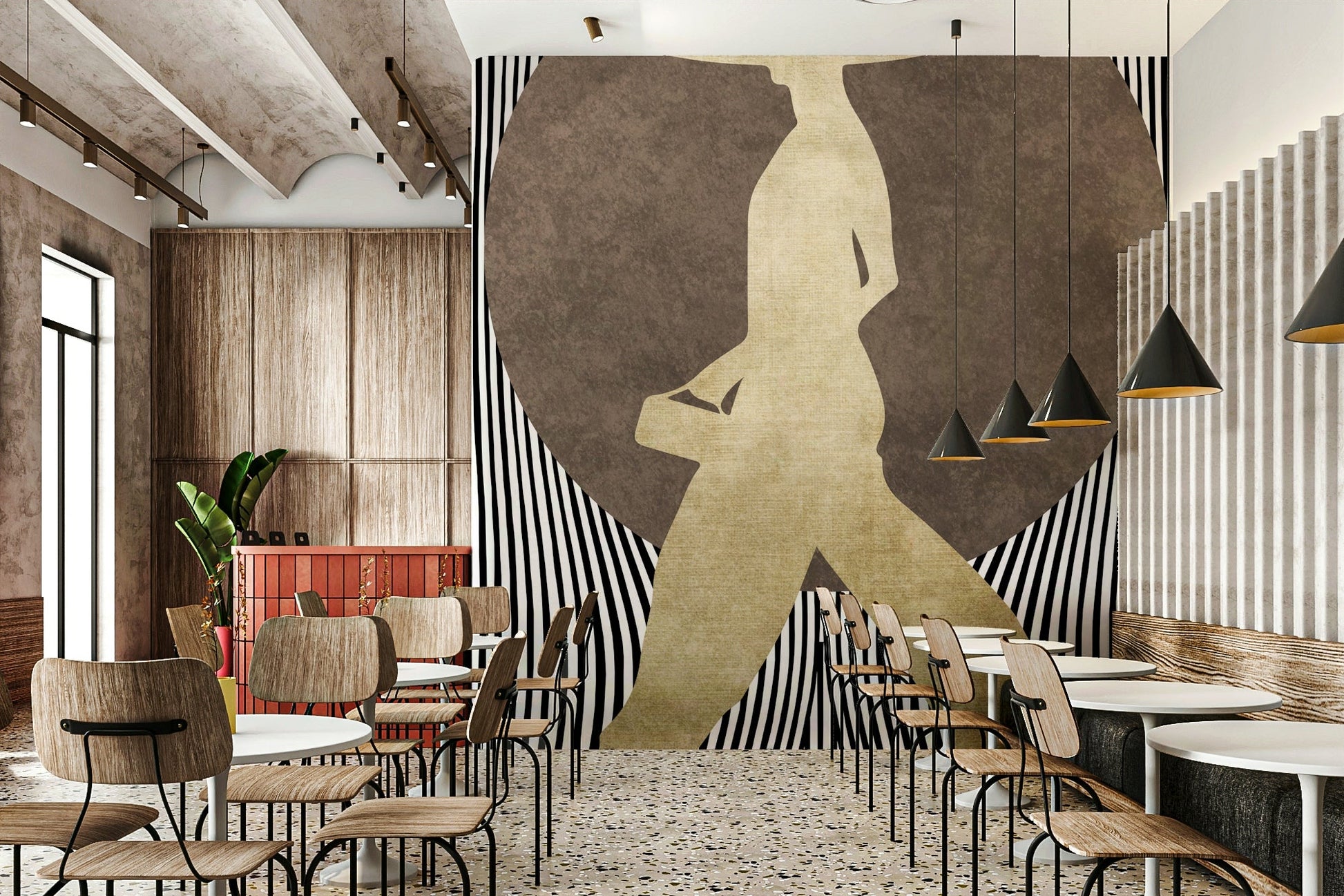 Features an artistic representation or portrait of a woman.
