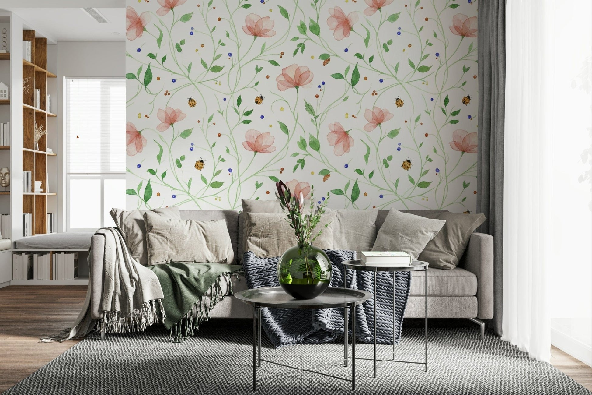 Botanical ladybug bloom wall mural in a modern play area, GD7662