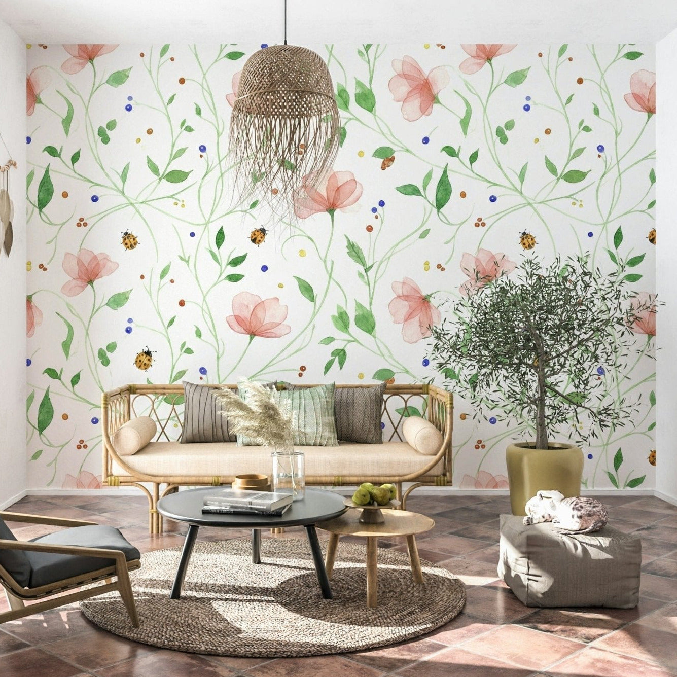 Red ladybug and daisy wallpaper mural for a child bedroom, GD7662