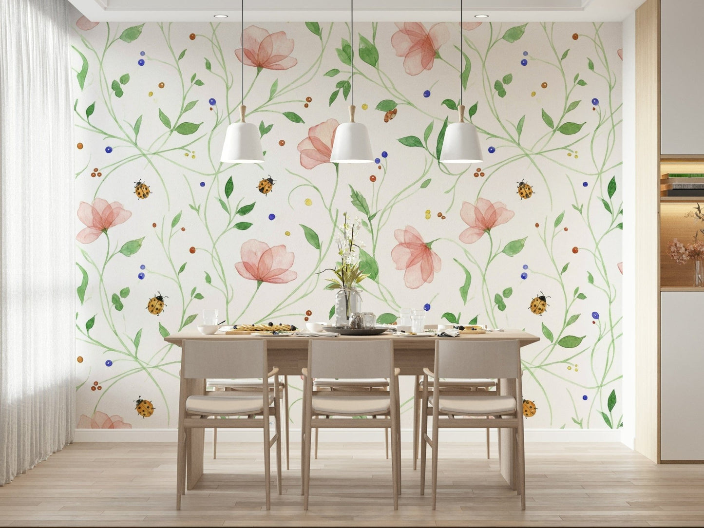 Ladybug and wildflower wall mural for a creative office space, GD7662