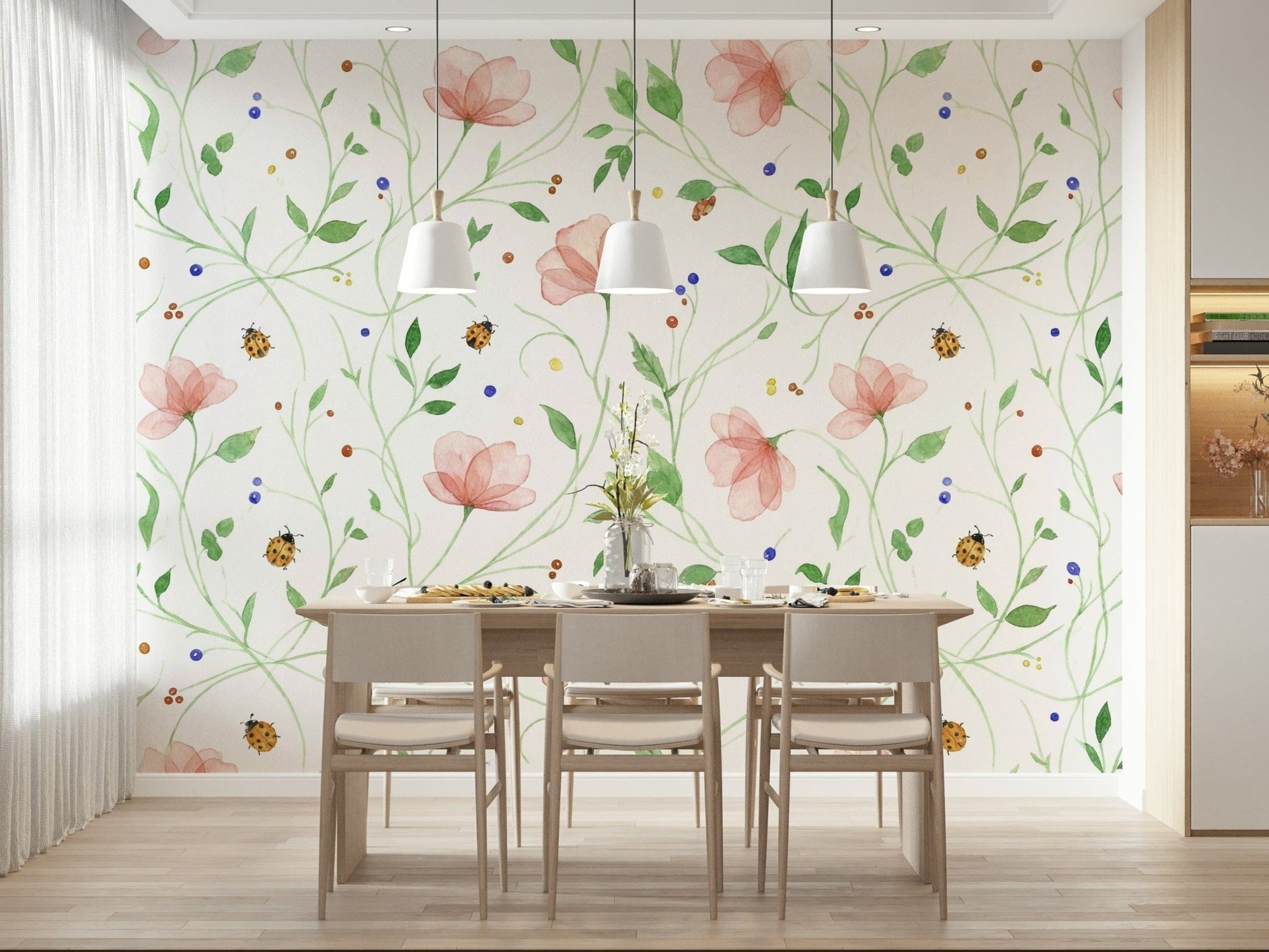 Ladybug and wildflower wall mural for a creative office space, GD7662
