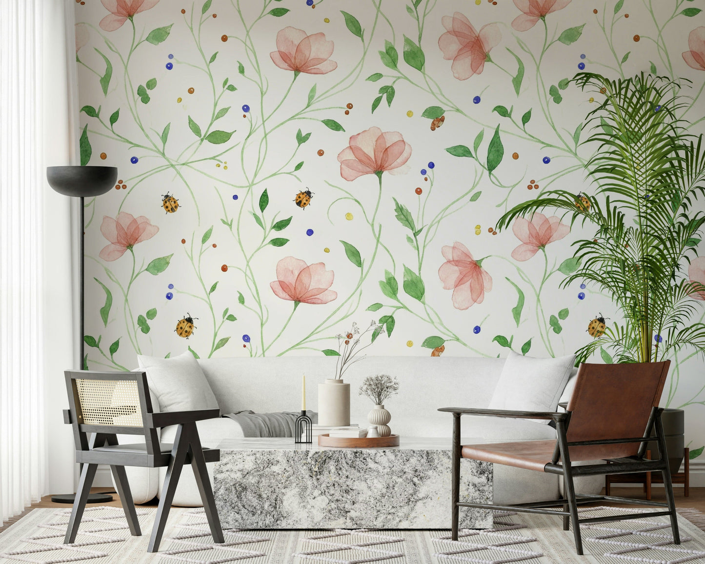 Bright ladybug bloom wall mural in a minimalist hallway wallpaper mural