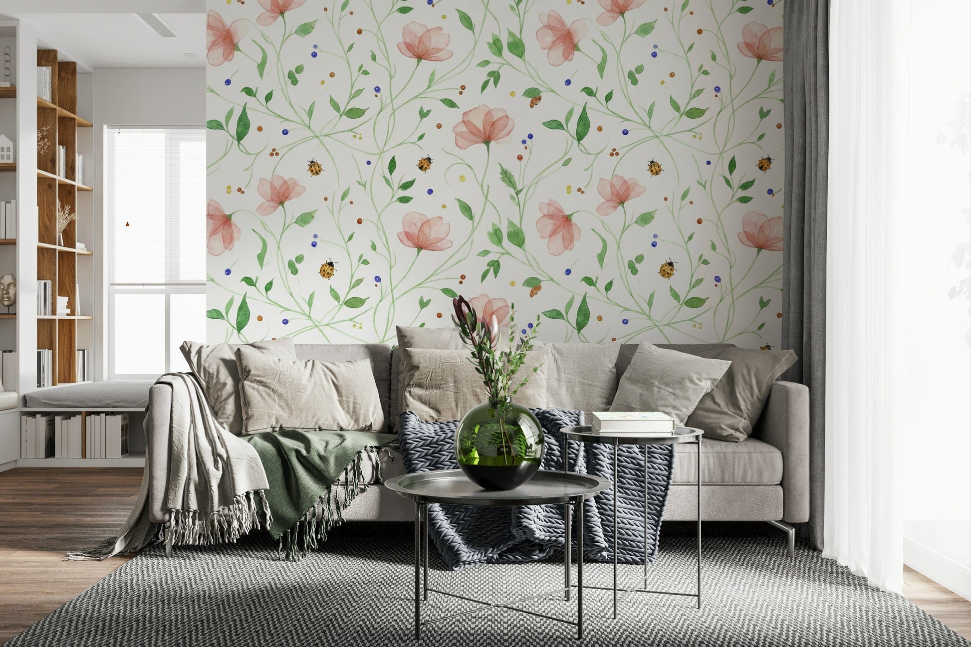 Botanical ladybug bloom wall mural in a modern play area