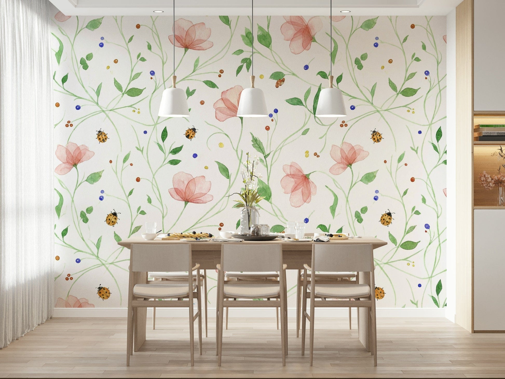 Ladybug and wildflower wall mural for a creative office space