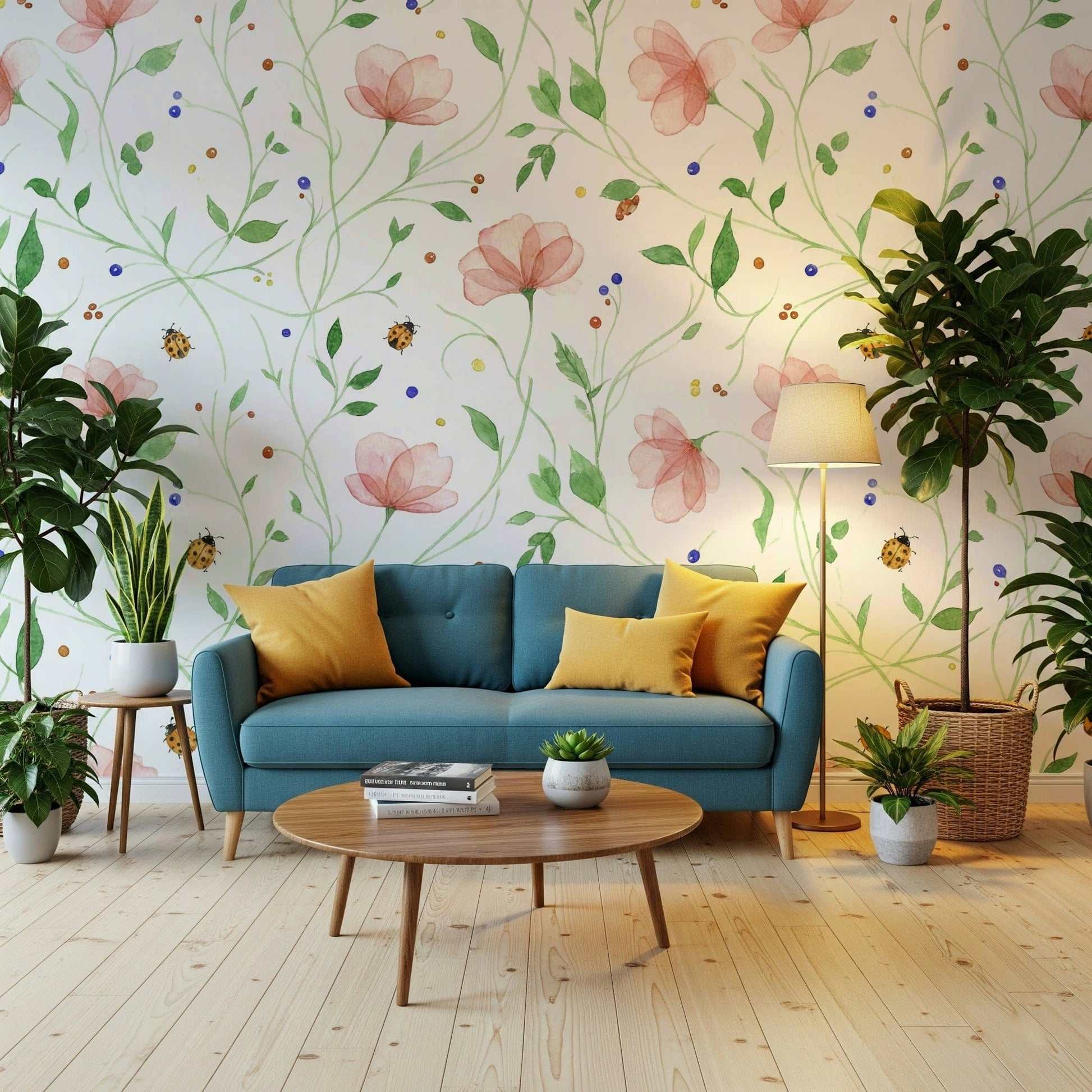 Floral garden with ladybugs wallpaper mural for a guest room