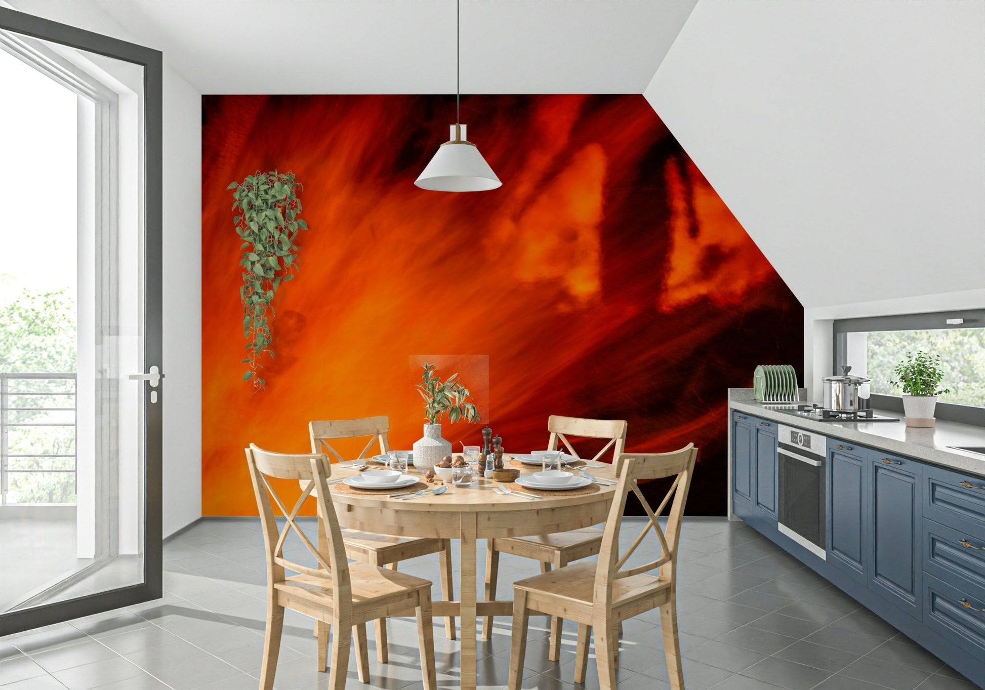 A peaceful gathering scene mural on decorative wallpaper., GD4879