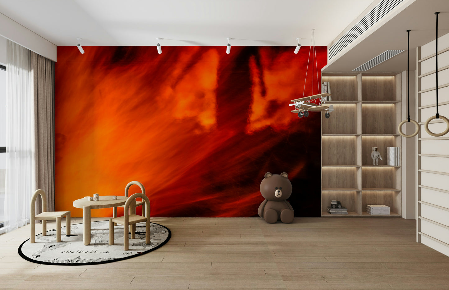 A calming abstract firelight wallpaper mural that defines a space.

