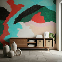 Wall mural Lagoon, painted strokes of bright aqua and fiery red colors.