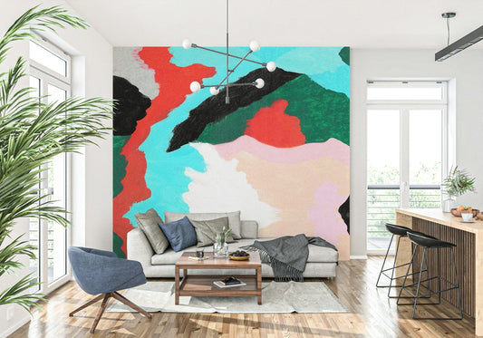 Lagoon wallpaper for walls, vibrant abstract design, teal, coral, black, green.