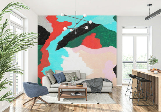 Lagoon wallpaper for walls, vibrant abstract design, teal, coral, black, green., GD7044