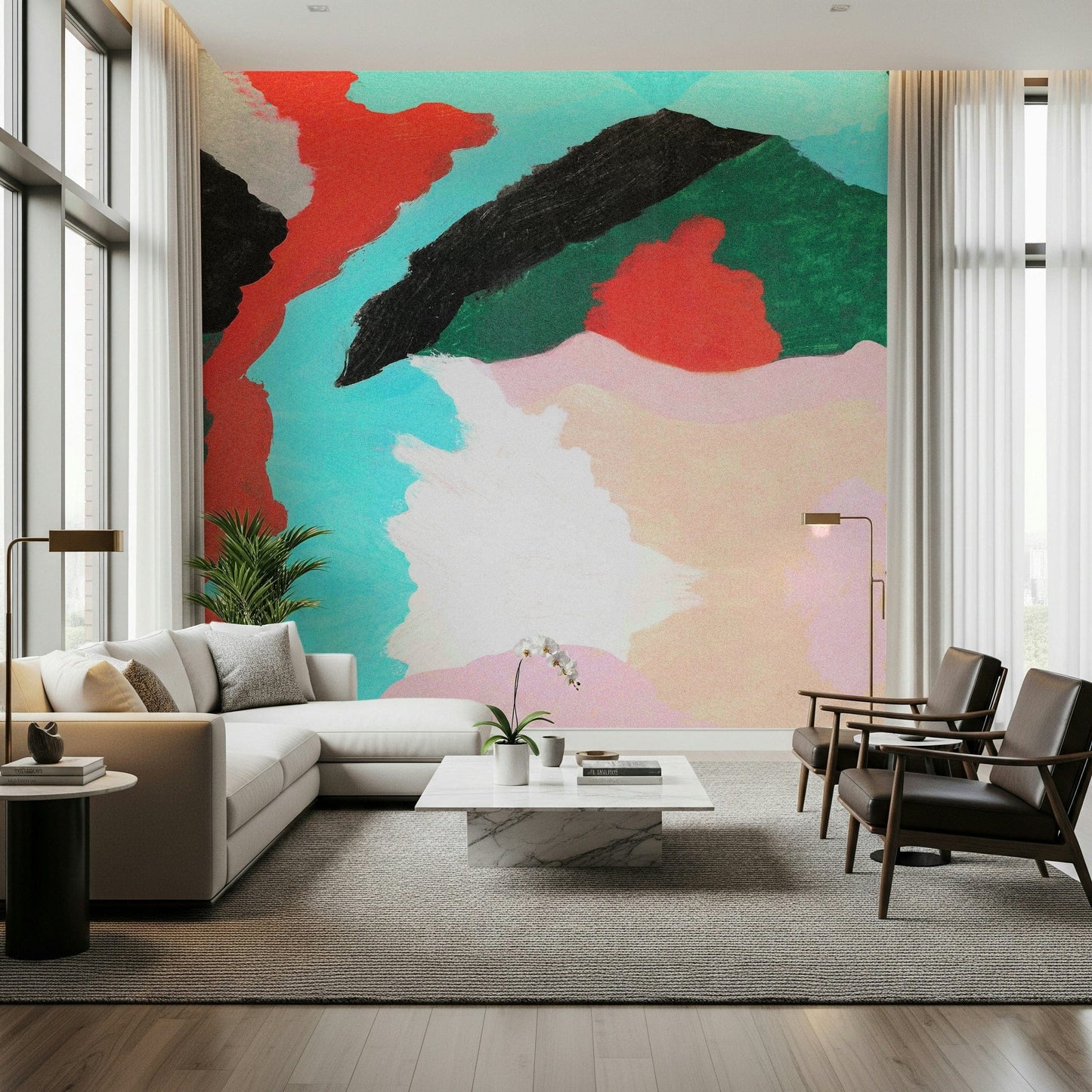 Textured Lagoon wallpaper, abstract color blocks, modern painterly aesthetic.