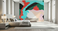 Artistic Lagoon wallpaper, bold green, pink, and bright blue shapes.