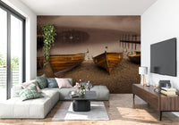 Atmospheric Lake Boats in Sepia print showing a dock and deep water.