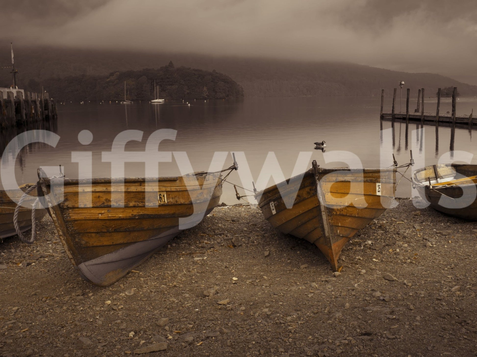 Misty landscape wall mural, evocative Lake Boats in Sepia detail.
