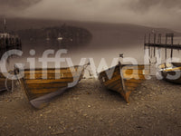 Misty landscape wall mural, evocative Lake Boats in Sepia detail.